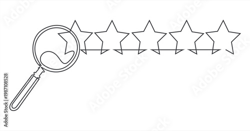 Search and discovery concept with magnifying glass and star continuous one line drawing, minimalist business icon vector for review and rating analysis.