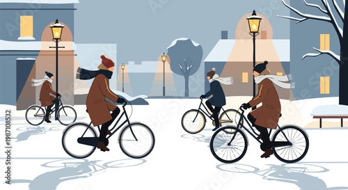 People cycling on snowy urban streets during a peaceful winter evening, illuminated by warm streetlights, depicting a serene cold journey