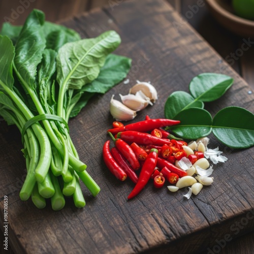 Fresh Red Chili Peppers, Garlic and Asian Greens on a Rustic Wooden Cutting Board for Cooking