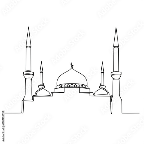 A minimalist line art illustration of a mosque with domes and minarets on a white background