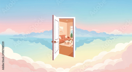Open door in a tranquil pastel sky revealing a cozy living room interior, a serene gateway to comfort and new possibilities