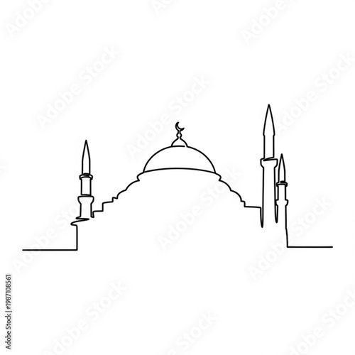 A minimalist line art illustration of a mosque with a dome and minarets
