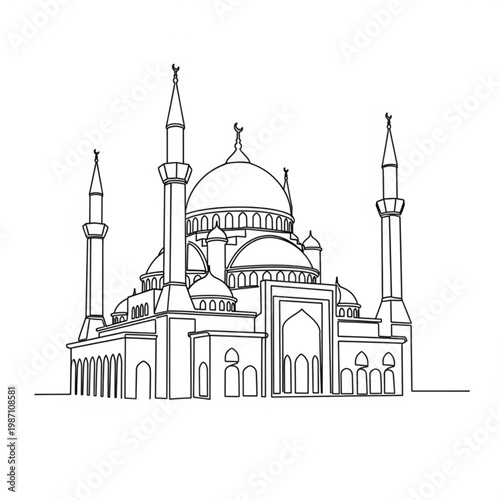 A minimalist line art illustration of a mosque with domes and minarets