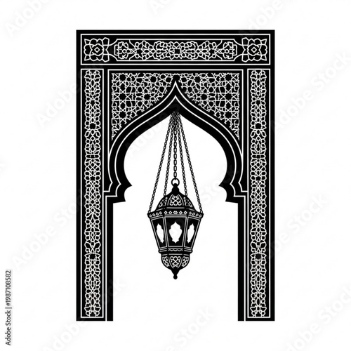 A black and white vector illustration of a hanging lantern in an ornate Islamic archway with intricate geometric patterns and designs