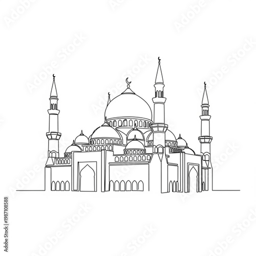 A minimalist line art illustration of a mosque with domes and minarets
