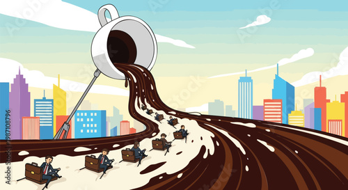 Business people navigate a river of coffee through a vibrant city, illustrating the demanding daily corporate routine and the essential boost for work