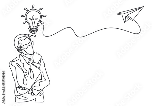 The man came up with an idea. Light Bulb and Paper Plane. One continuous line.