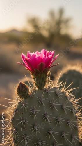 Pink Cactus Flower Blooming on Prickly Pear Cactus in Warm Desert Sunrise Light