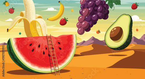 Imaginative illustration of a vibrant fruit bounty in a fantastical desert, featuring watermelon, banana, grapes, and avocado for a fresh and healthy concept