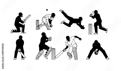Minimal cricket action illustration set batting bowling fielding clean sports vector