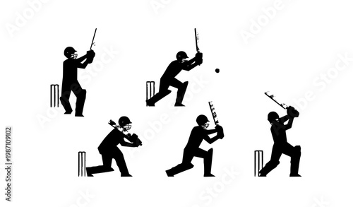 Geometric cricket players action set abstract batting bowling sports vector design