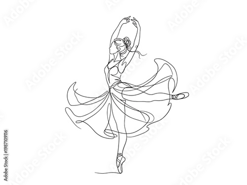 Line drawing of a woman in a dress with her arms raised in the air dancing gracefully one leg lifted