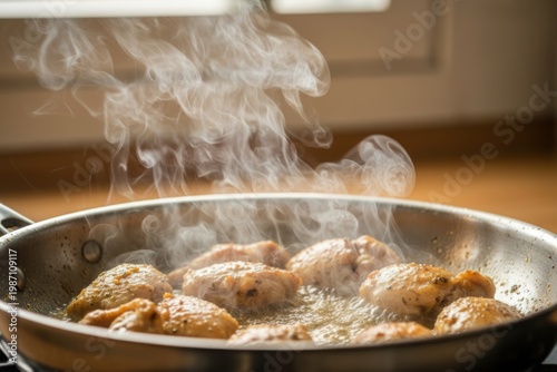 Sizzling Pan-Fried Chicken Thighs Cooking in Buttered Skillet with Rising Steam and Golden Browning