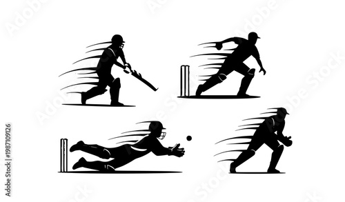 Cricket action vector set batting bowling fielding colorful sports illustration