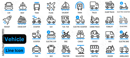 Vehicle line icon set. Vehicle icon set. Vehicle or transport web icons in line style editable stroke. Electric car, battery, charging station, solar panel, range, plug, collection. 
