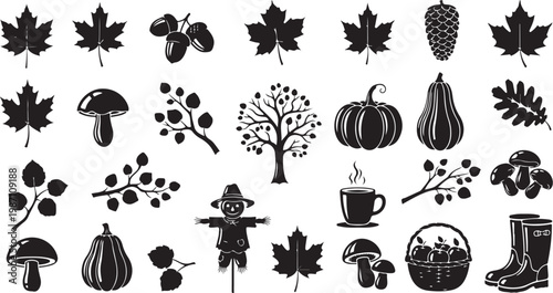 Autumn icons and symbols in black silhouette style