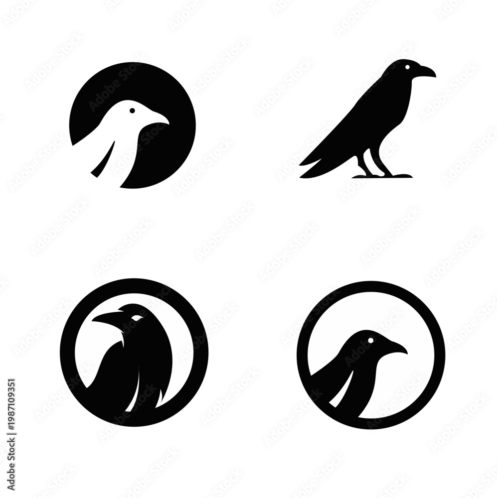 Fototapeta premium Minimalist Black and White Bird Logos Set with Raven and Crow Silhouettes
