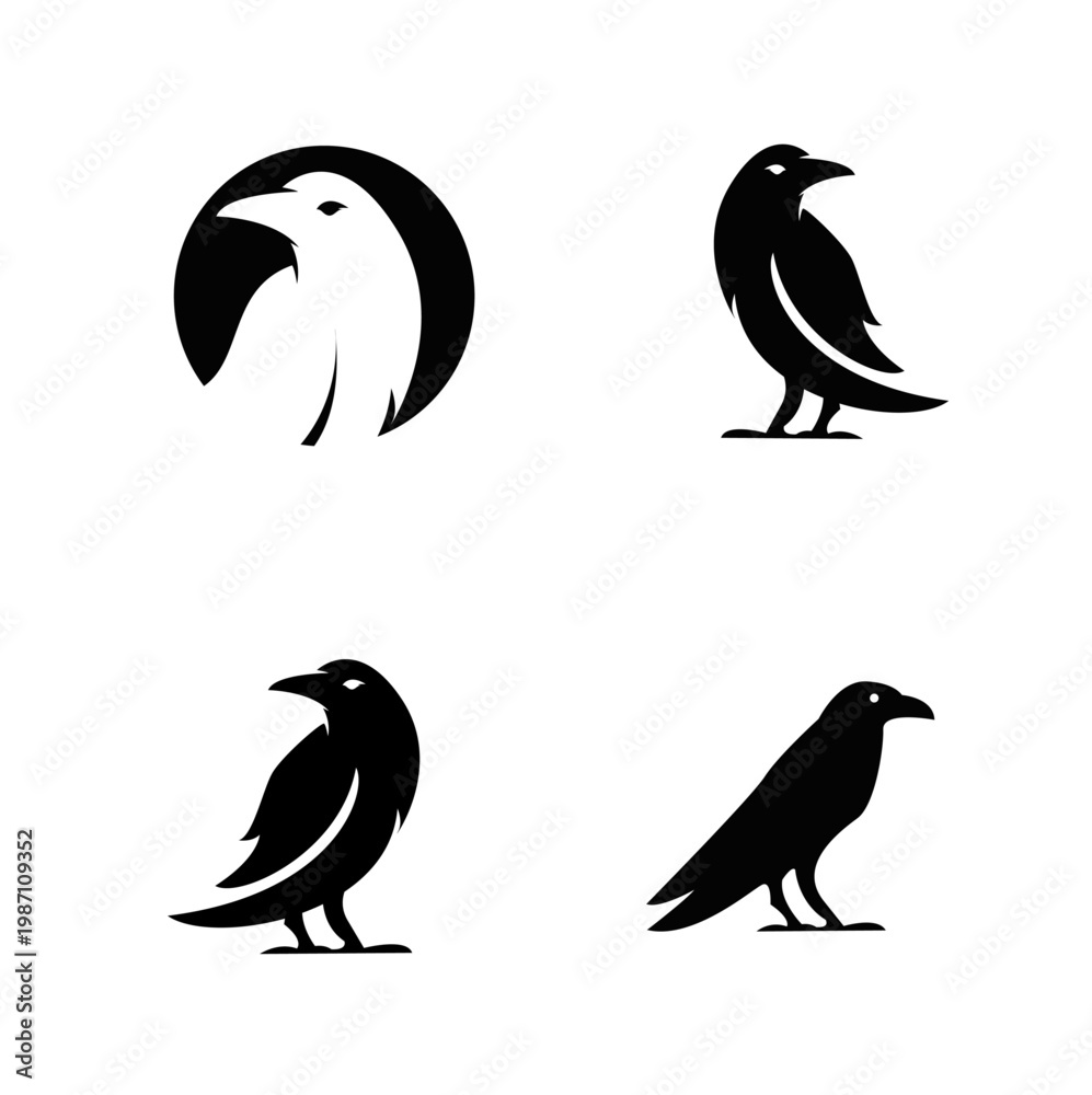 Fototapeta premium Set of Minimalist Black Raven and Crow Bird Logos and Silhouettes Vector Graphic Design Elements