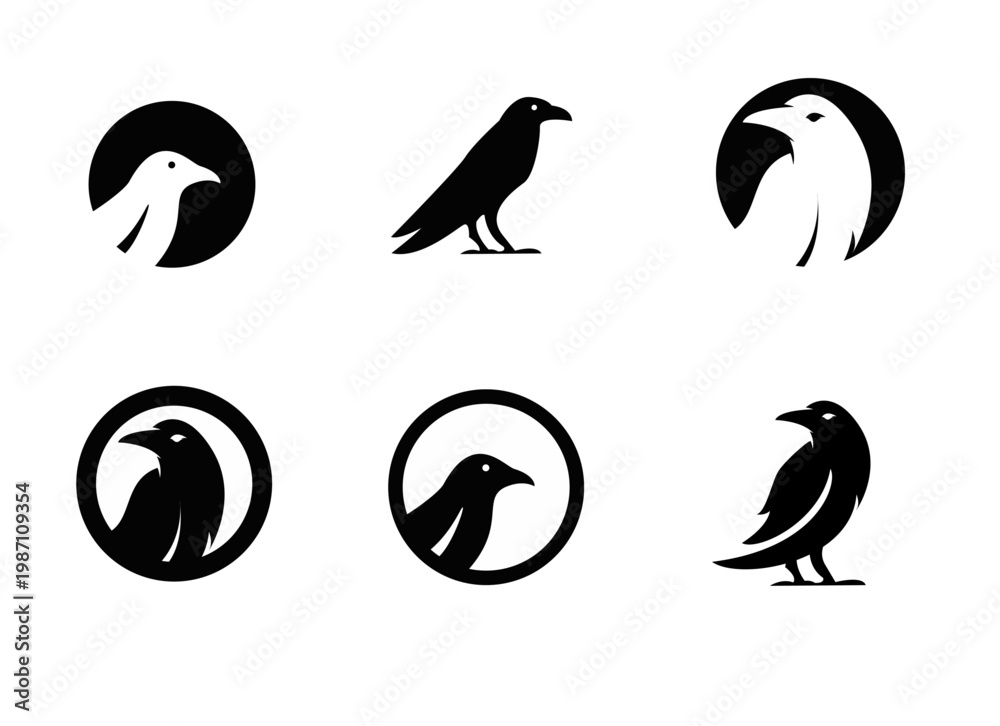 Fototapeta premium Minimalist Raven Bird Logo Collection, Black and White Crow Icons, Modern Avian Silhouette Designs