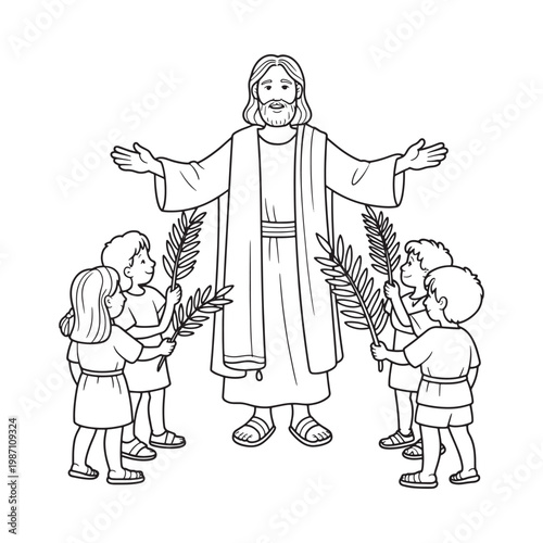 Jesus welcomes children with open arms holding palm branches