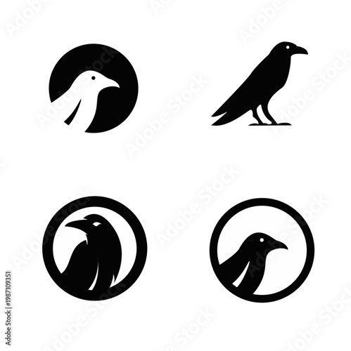 Minimalist Black and White Bird Logos Set with Raven and Crow Silhouettes