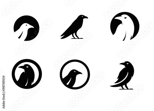 Minimalist Raven Bird Logo Collection, Black and White Crow Icons, Modern Avian Silhouette Designs