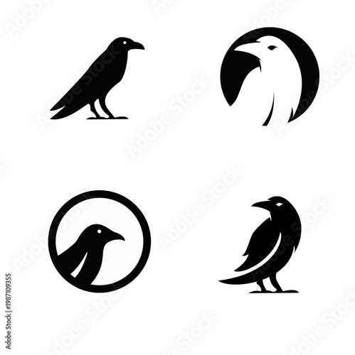Raven Crow Bird Logo Icon Collection Minimalist Abstract Black and White Design Set
