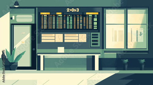 A stylized illustration of a departure or arrival board in a building with a minimalist style