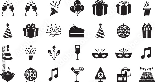 Party Celebration Icons and Symbols in Black