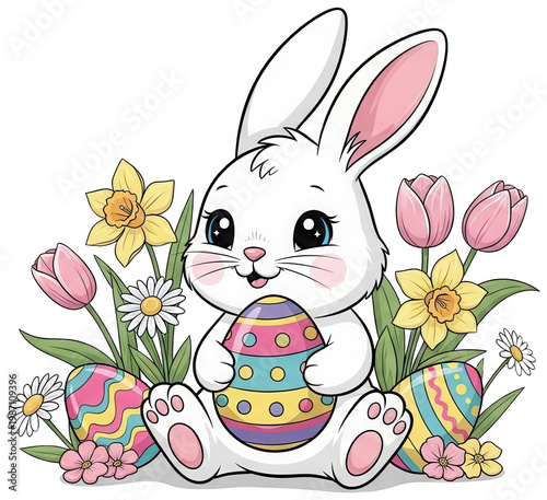 Cute bunny png Happy rabbit cutout Colorful egg png Spring flower cutout Festive Easter png Adorable hare cutout Joyful lagomorph png Decorated eggie cutout isolated transparent background image