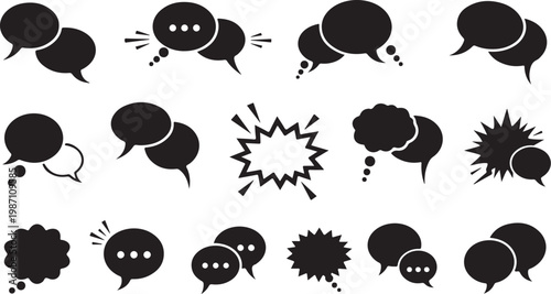 Black speech bubbles on white background icons set