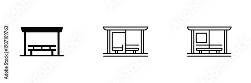 Minimalist bus stop icons set, public transportation and urban travel symbols, waiting shelter route sign passenger boarding elements