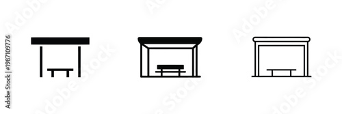 Minimalist bus stop icons set, public transportation and urban travel symbols, waiting shelter route sign passenger boarding elements