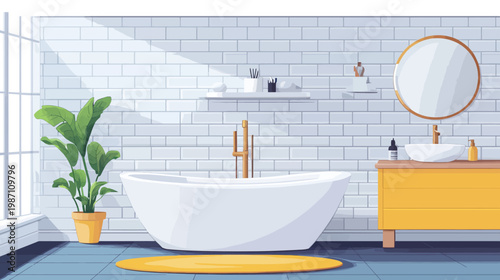 A modern bathroom illustration featuring a bathtub, mirror, plant, and stylish minimalist design