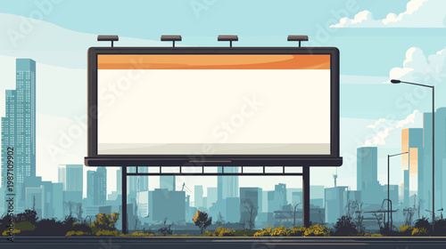 A cityscape illustration featuring a blank billboard with buildings, street lights, and blue sky