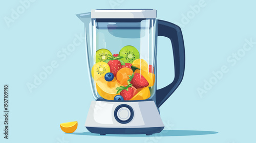 Colorful illustration of a blender filled with fresh fruits on a light-blue background