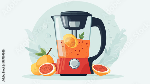 A vibrant illustration showcasing a red blender with juice and fresh orange fruits
