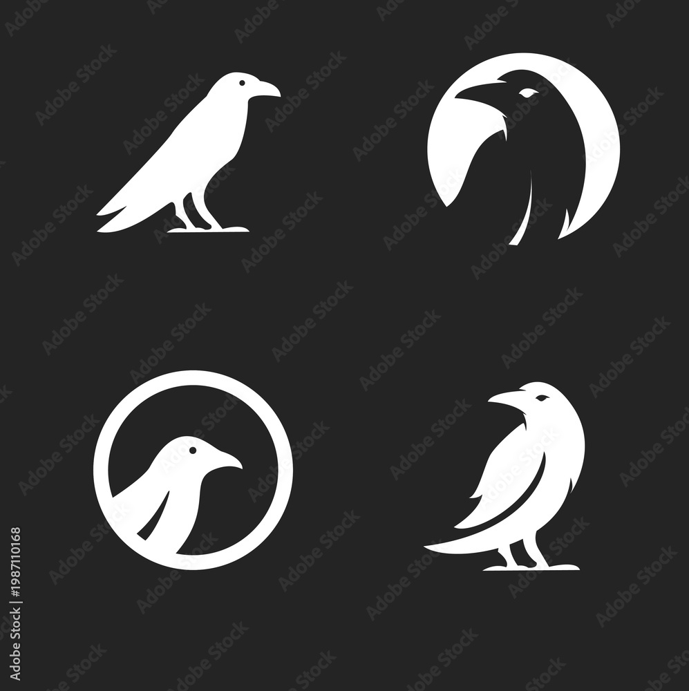 Fototapeta premium Raven Crow Bird Logo Icon Set - Modern Minimalist Design Collection