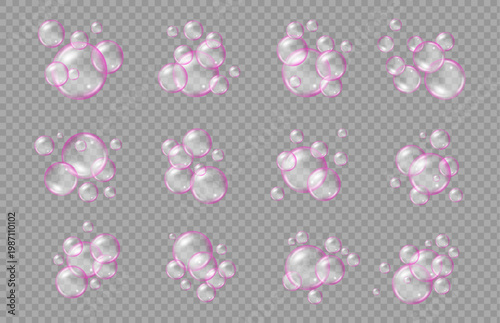 Fizzing air and water pink bubbles on white background with fizzy sparkles. Vector texture of bubble gum and collagen bubbles for dreamy design.background.