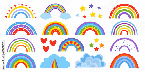 Colorful rainbows stars and clouds arranged in a playful decorative pattern