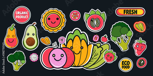 Cute cartoon illustrations of various organic fruits and vegetables in a patch