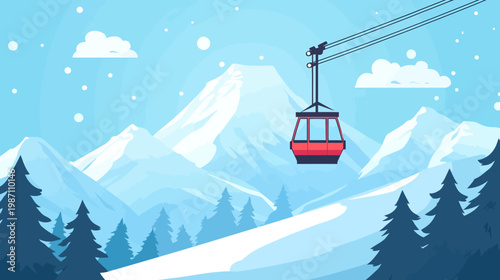 A stylized winter landscape features snowy mountains, pine trees, and a cable car in a serene blue scene