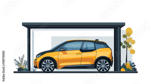 A stylized illustration features a yellow car parked under a modern carport structure, flanked by plants