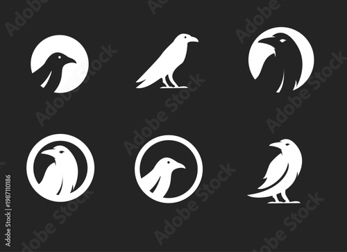 Raven and Crow Bird Logo Icon Set. Minimalist Avian Graphic Design Collection.