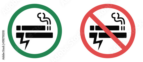 No smoking no vaping combined sign, prohibition symbol with red and green no smoke circle, stop icon warning for restricted air zones and health safety rules.