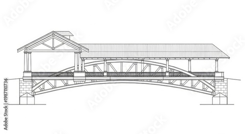 Architectural illustration of a covered bridge in black and white