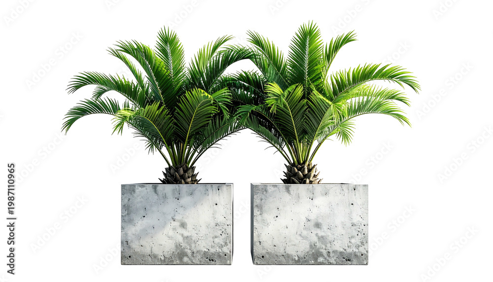 Obraz premium Two cycad palms in square, textured concrete planters against black background