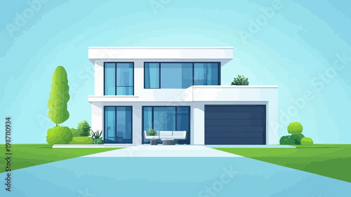 Modern two-story house with a garage, large windows, green lawn, and a light blue sky in the background