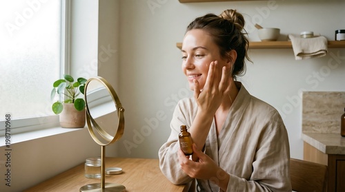 A young woman applies facial serum in a bright bathroom, following a skincare routine, smiling at her reflection, enjoying self-care and maintaining healthy, glowing skin.