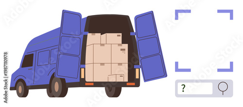 Logistics, delivery services, cargo tracking, package shipping, e-commerce, inventory management. A blue van loaded with boxes and a GPS search interface. Logistics and delivery services
